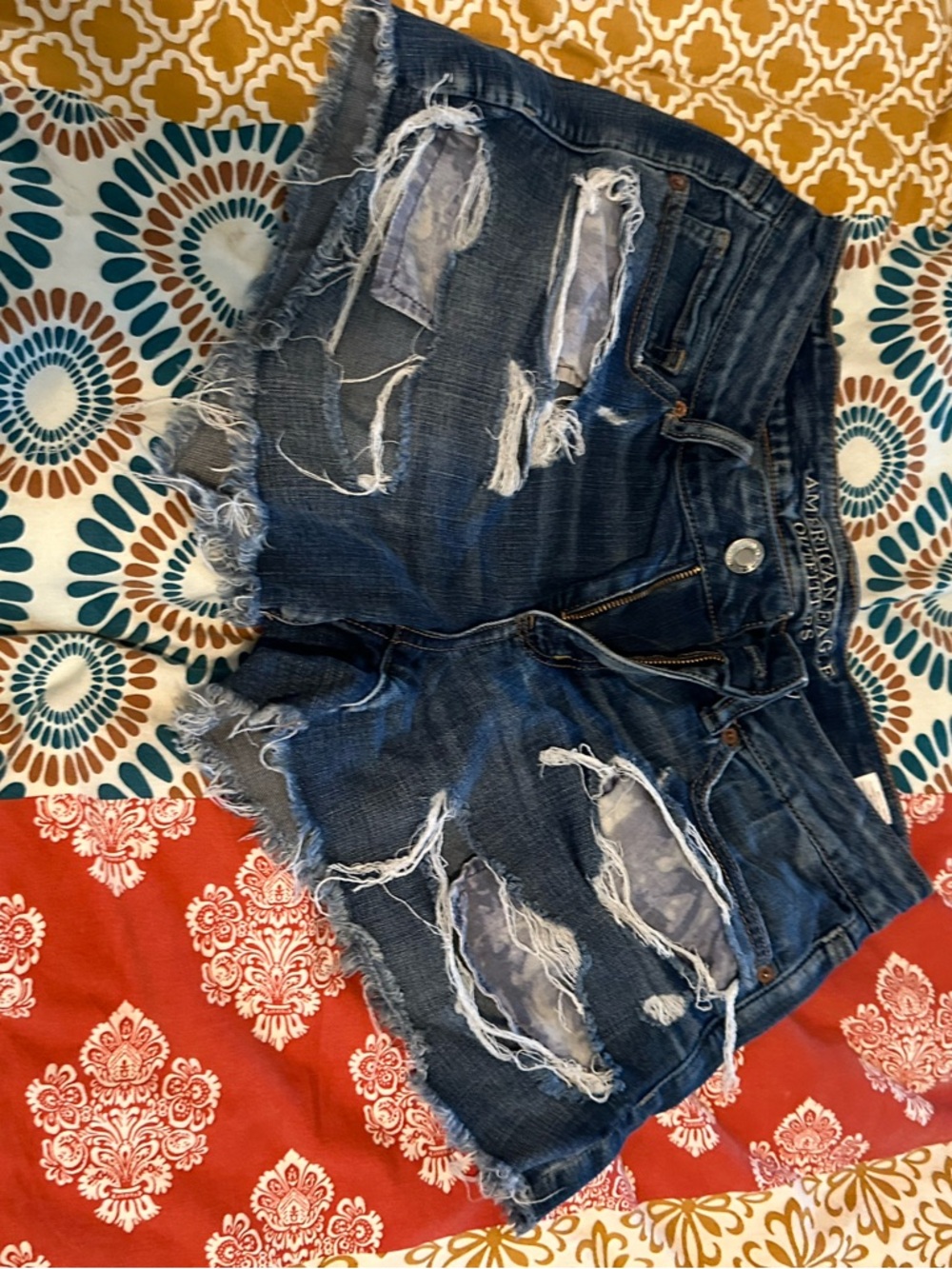 American Eagle shredded midi Dark Blue Denim Cutoff Shorts